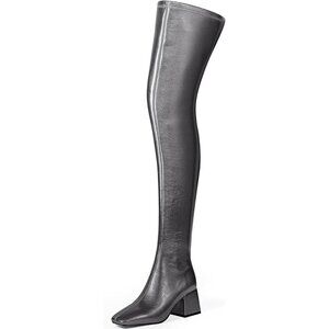 Women Grey Polyurethane Over the Knee Square Toe Block Heel Long Zipper Boots